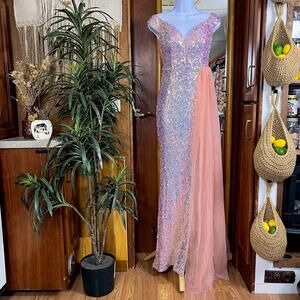 Blush Pink Sequin Mermaid Prom Gown S | Off Shoulder Slit Pageant Formal Dress